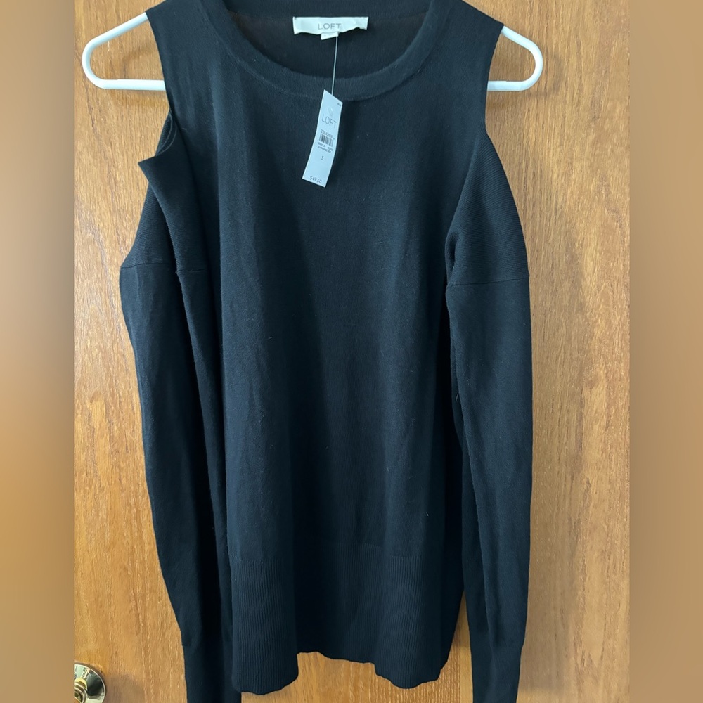 Loft Women’s Sweater Small Black Cold‎ Shoulder Wool Blend Crew Neck NWT